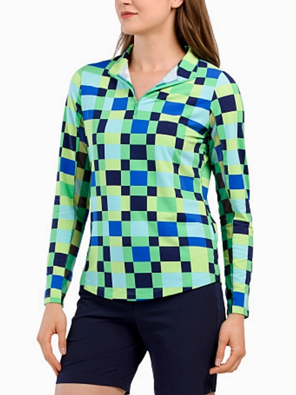 IBKUL Long-Sleeve Checker 1/4 Zip Polo in Neon Green, Navy, & Aqua Size Large